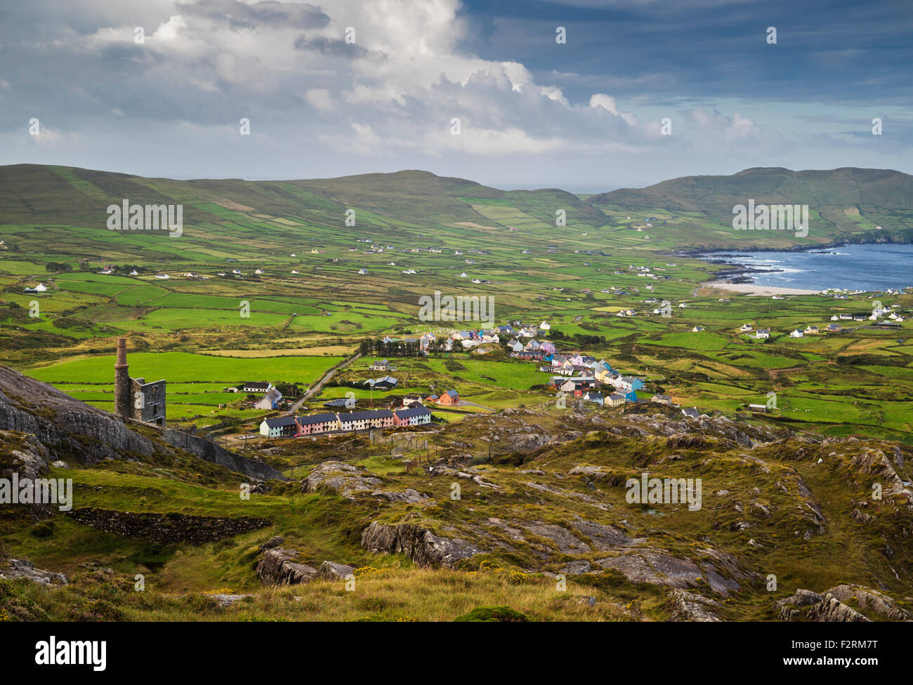 View from the Beara Way walking path above the colourful village of Allihies, Beara, County Cork Stock Photo