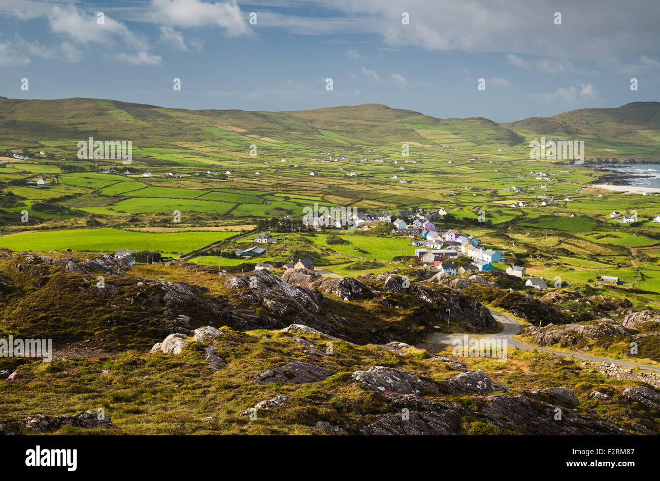 View from the Beara Way walking path above the colourful village of Allihies, Beara, County Cork Stock Photo