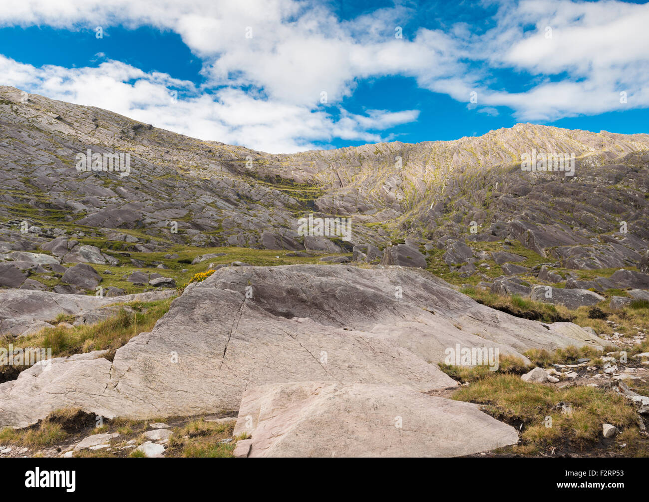 Devonian sandstone and slate exposed near Hungry Hill in the Caha Mountains of the Beara Peninsula, County Cork Stock Photo