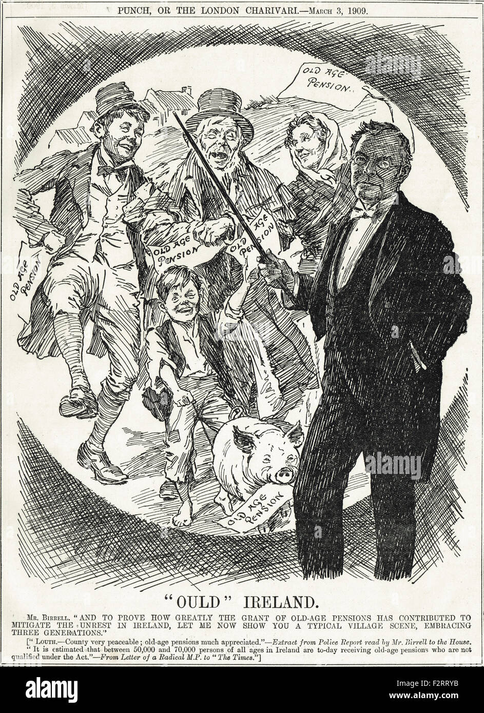 Ould Ireland Punch cartoon Pensions 1909 Stock Photo