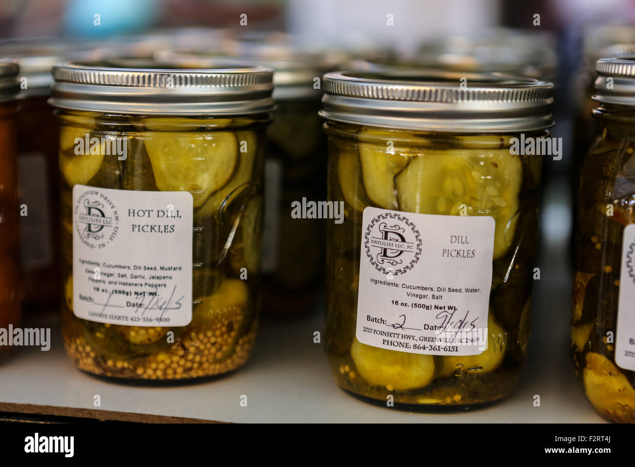 Locally canned Pickles on display at the Farmers Market along Main