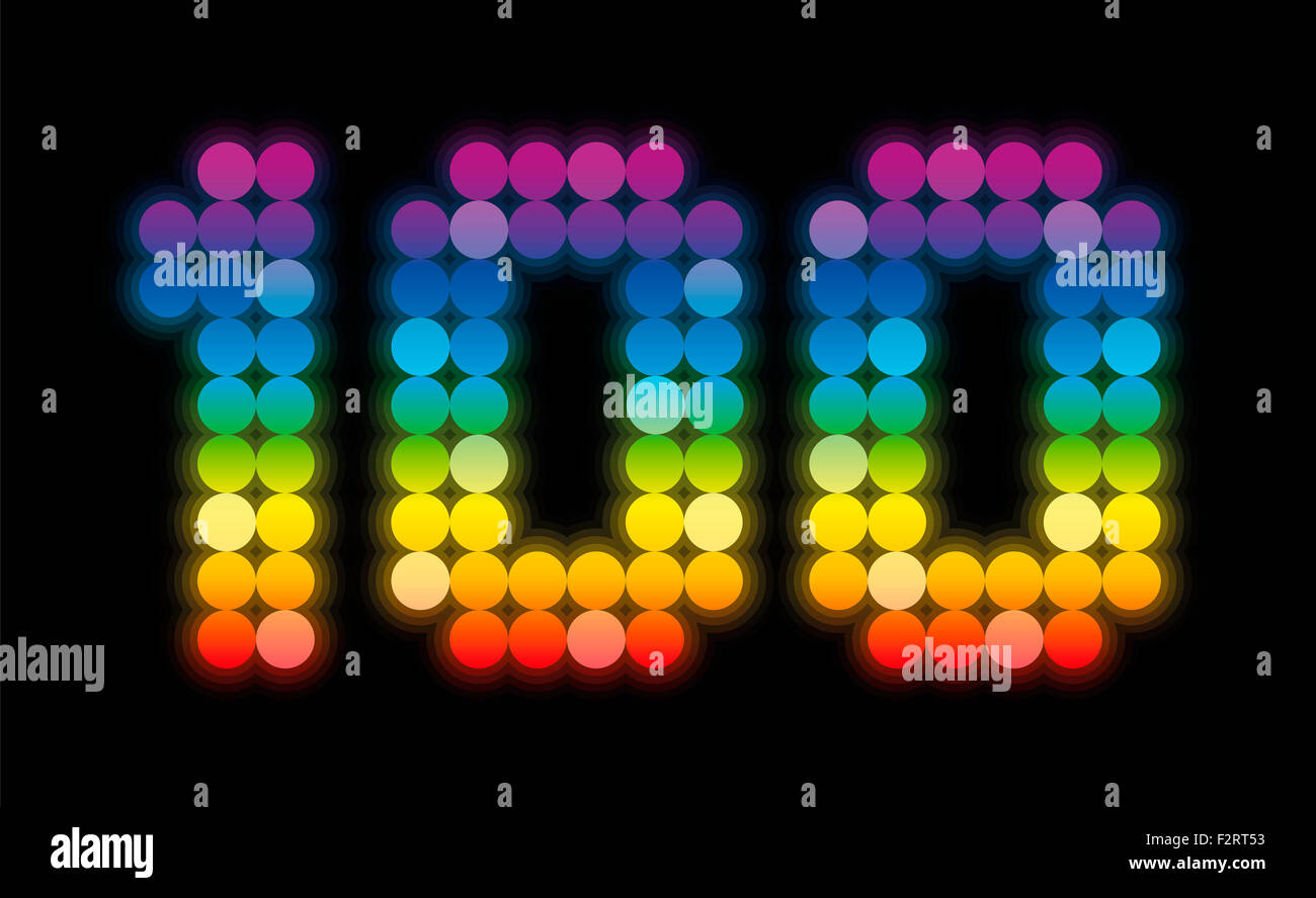 HUNDRED - jubilee number, exactly one hundred rainbow colored platelets - illustration on black background. Stock Photo