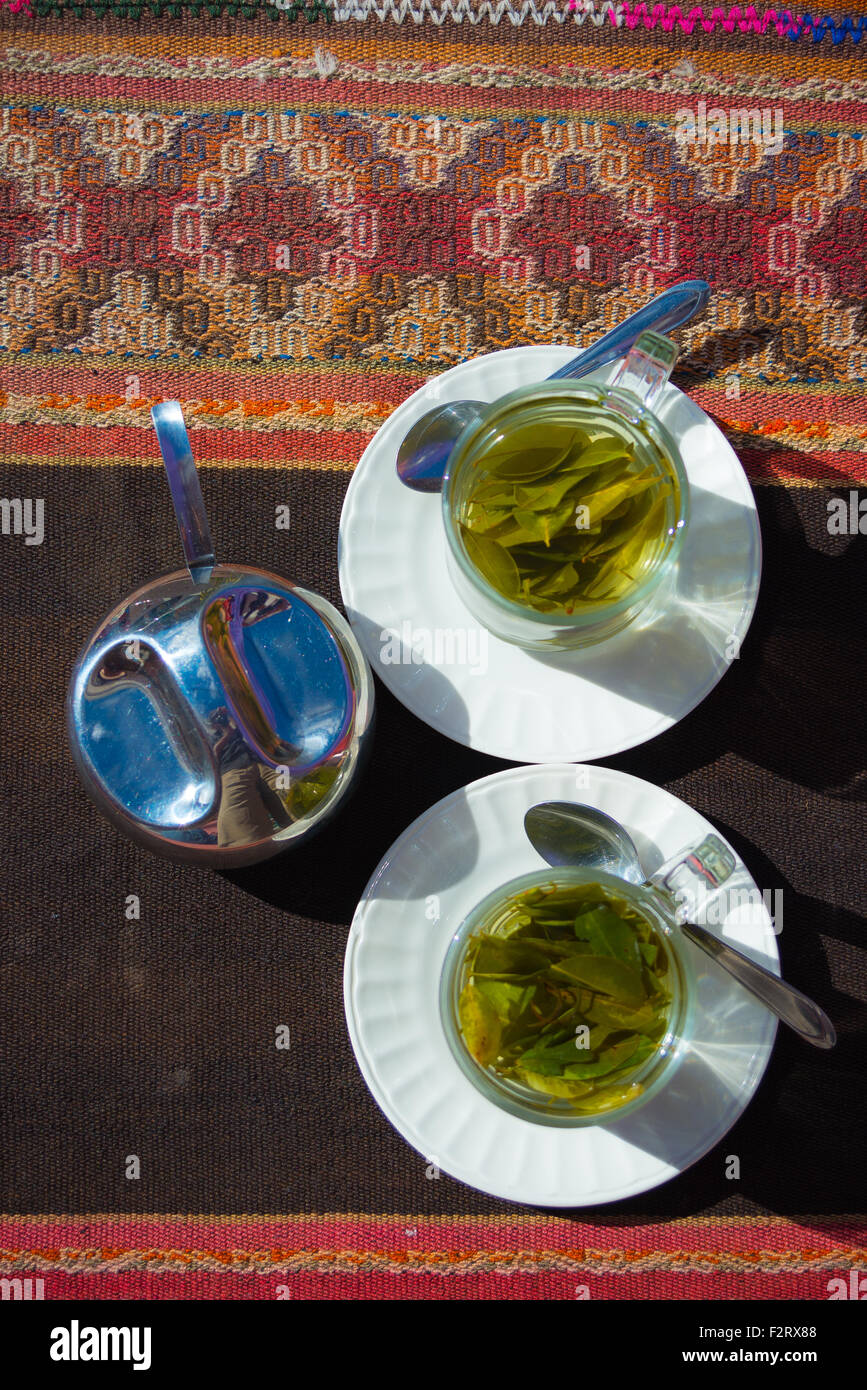 Tea cups with Coca leaves infusion known as "Mate de Coca", typical