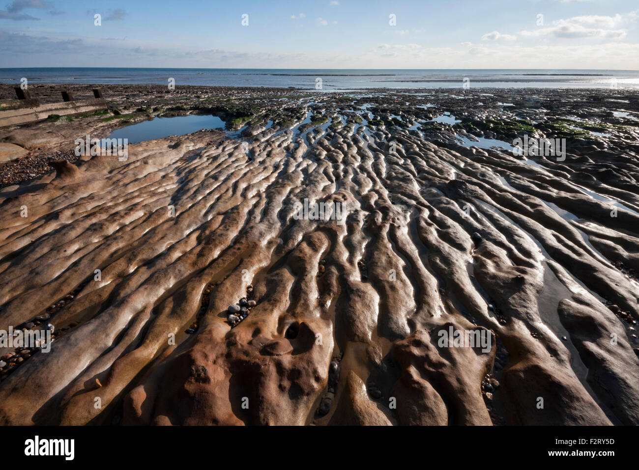 Rock ledge exposed by low tide at Bulverhythe, St Leonards on Sea, East Sussex, England, UK Stock Photo