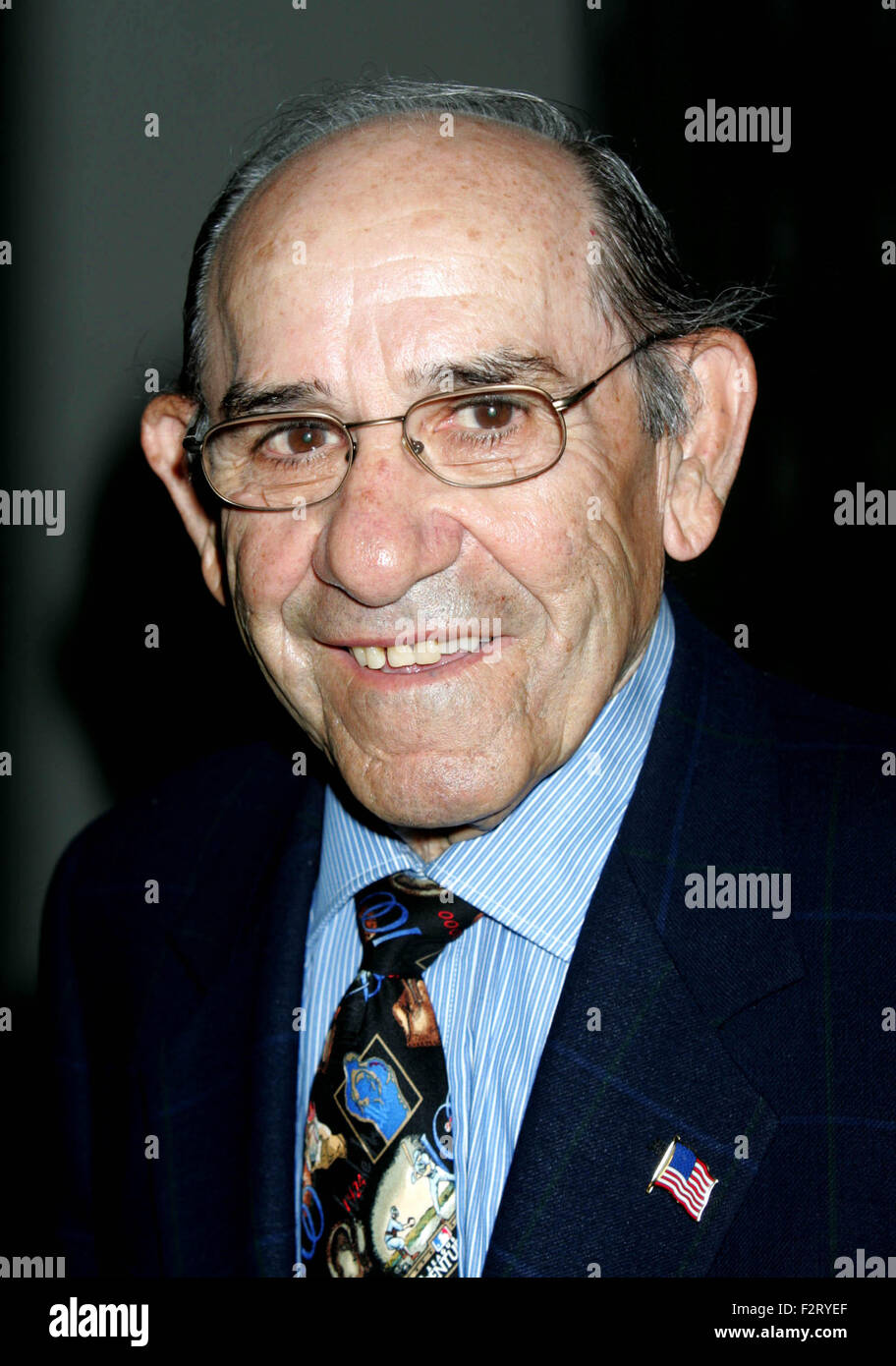 File. 23rd Sep, 2015. YOGI BERRA, the Hall of Fame catcher and Major League Baseball coach renowned as much for his unique way of turning a phrase as his record 10 World Series championships with the New York Yankees, has died. He was 90. PICTURED: Aug. 11, 2004 - New York, New York, U.S. - Yogi Berra - Nine Innings From Ground Zero Screening At The Museum Of Natural History. © Rick Mackler/Globe Photos/ZUMAPRESS.com/Alamy Live News Stock Photo