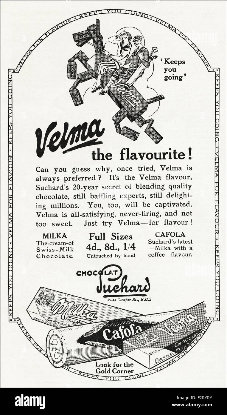 1920s advertisement. Advert dated 1923 advertising Velma chocolate by Suchard Stock Photo