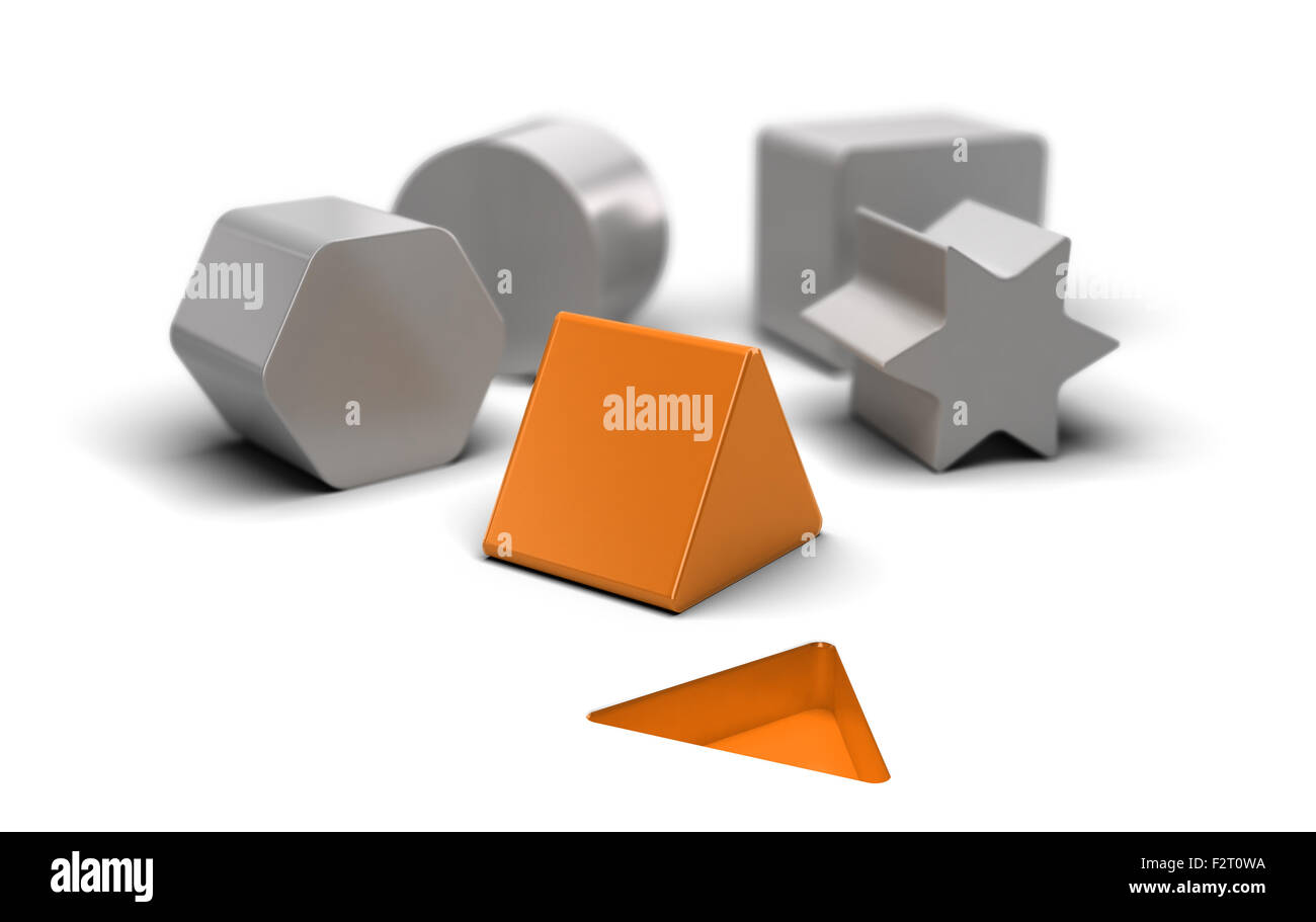 Shaped blocks over white background with an orange one who fit the shape on the floor. Concept image for illustration of easy an Stock Photo