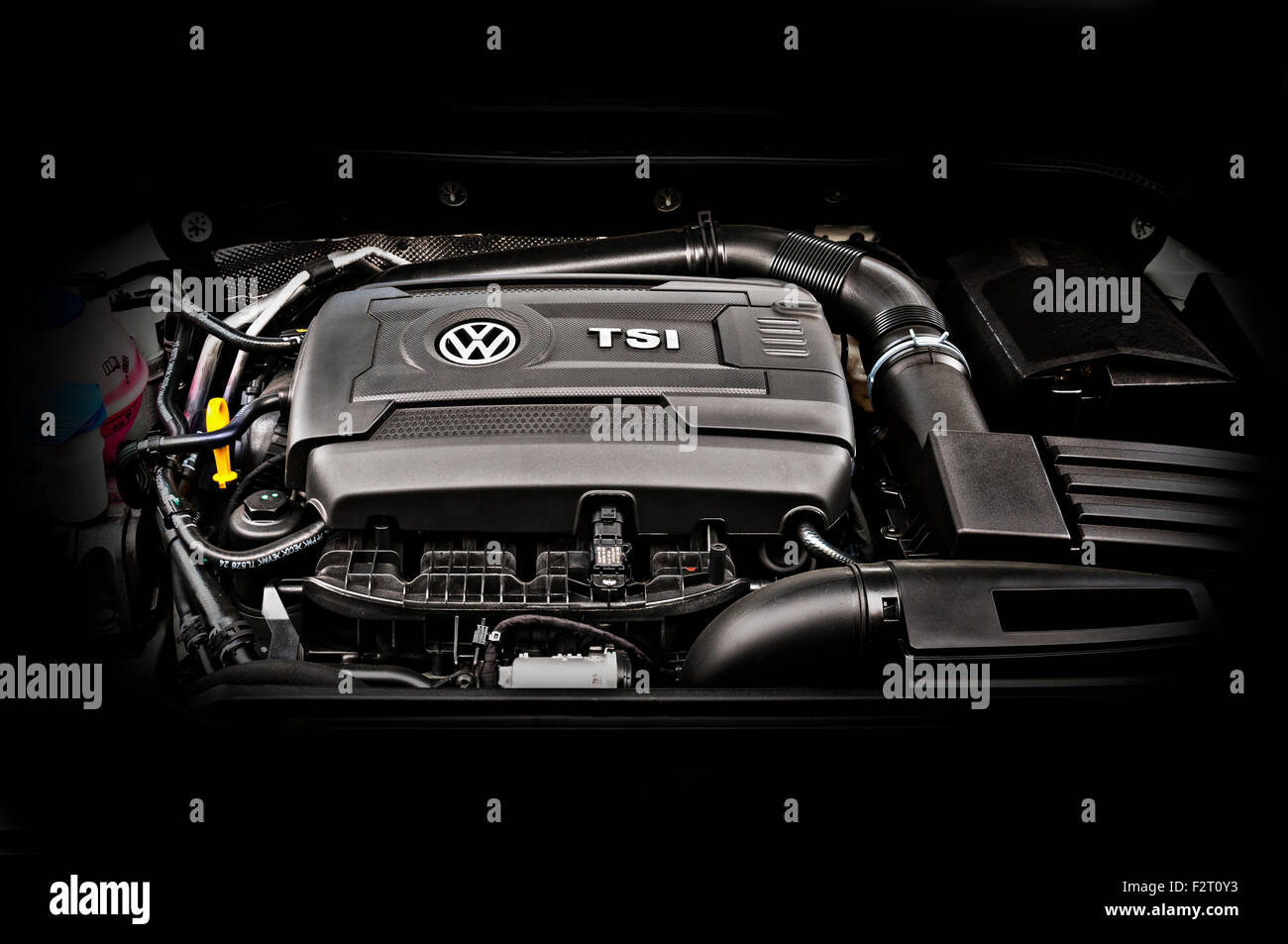 Front of car view of the 2014 Volkswagen Jetta 1.8 liter turbo.  Versions of this engine are used in the Passat and Golf. Stock Photo