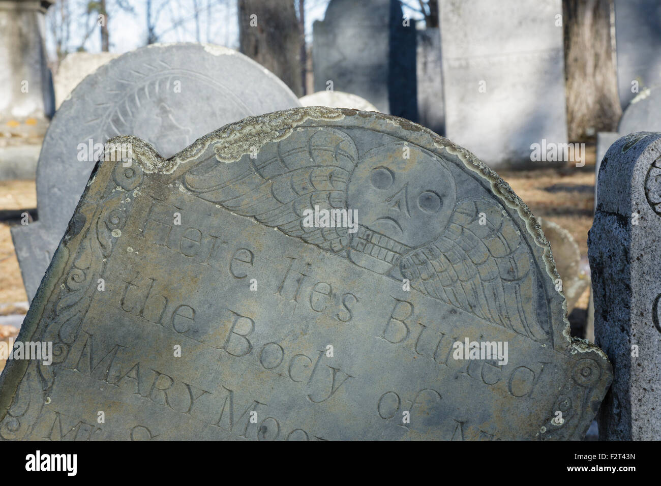 Old headstones at Forest Hill Cemetery in East Derry, New Hampshire USA