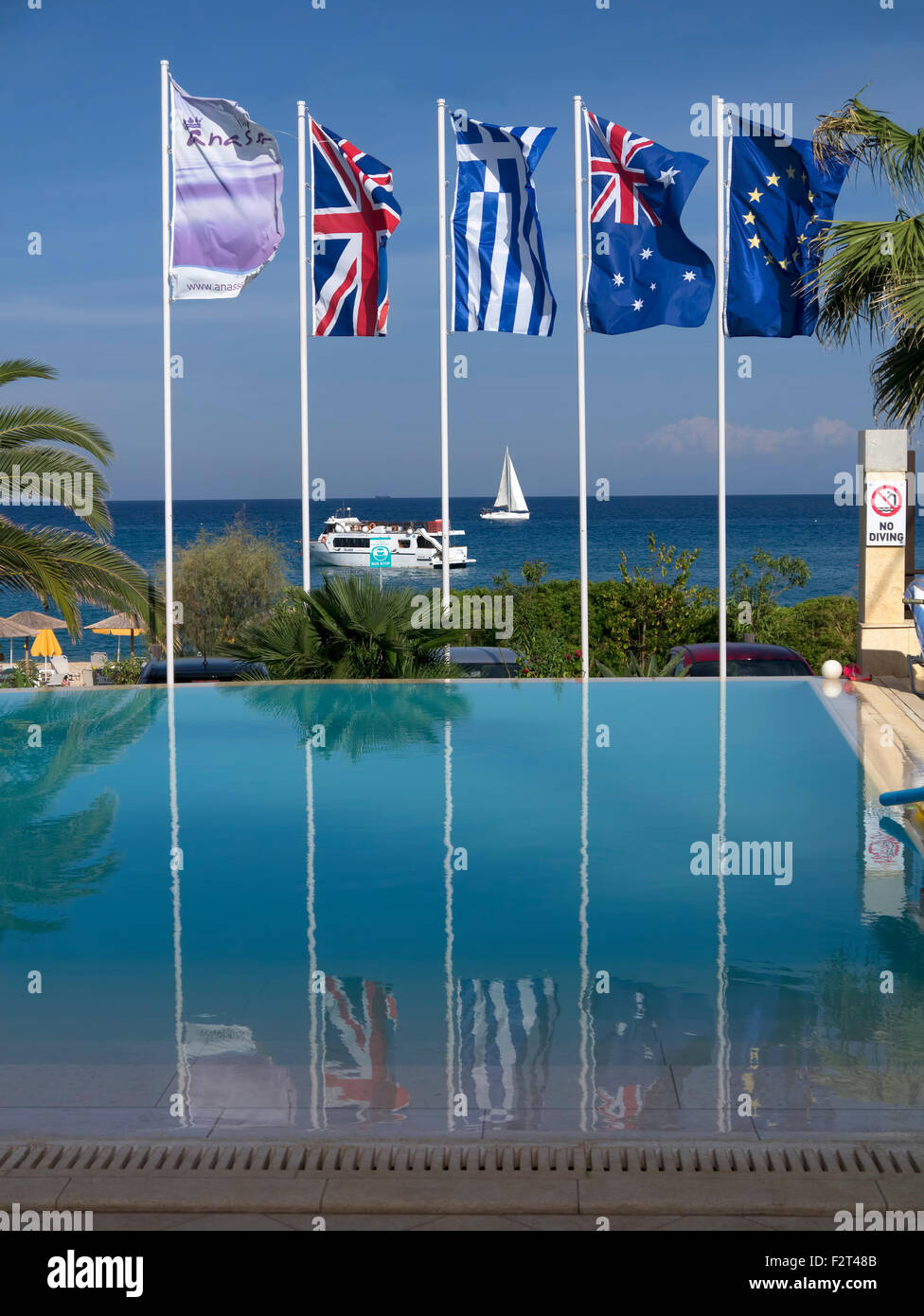 Flags reflected in a swimming pool. Stock Photo