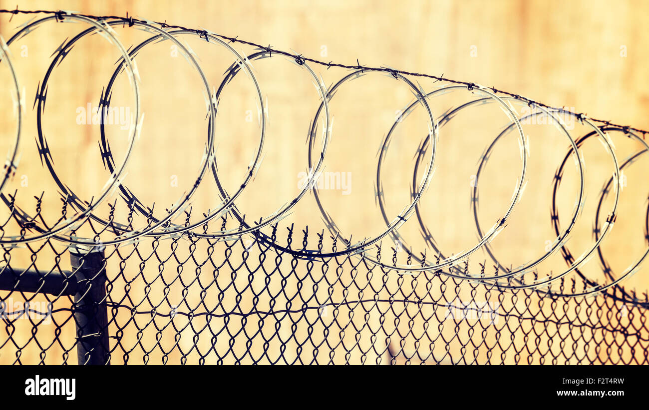 Barbed wire fence, shallow depth of field, crime and punishment concept photo. Stock Photo
