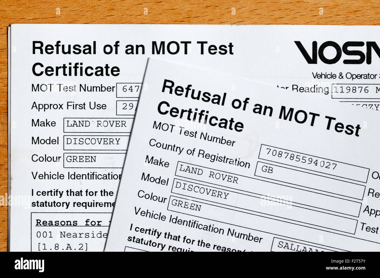 Refusal of an MOT Test Certificate. Stock Photo