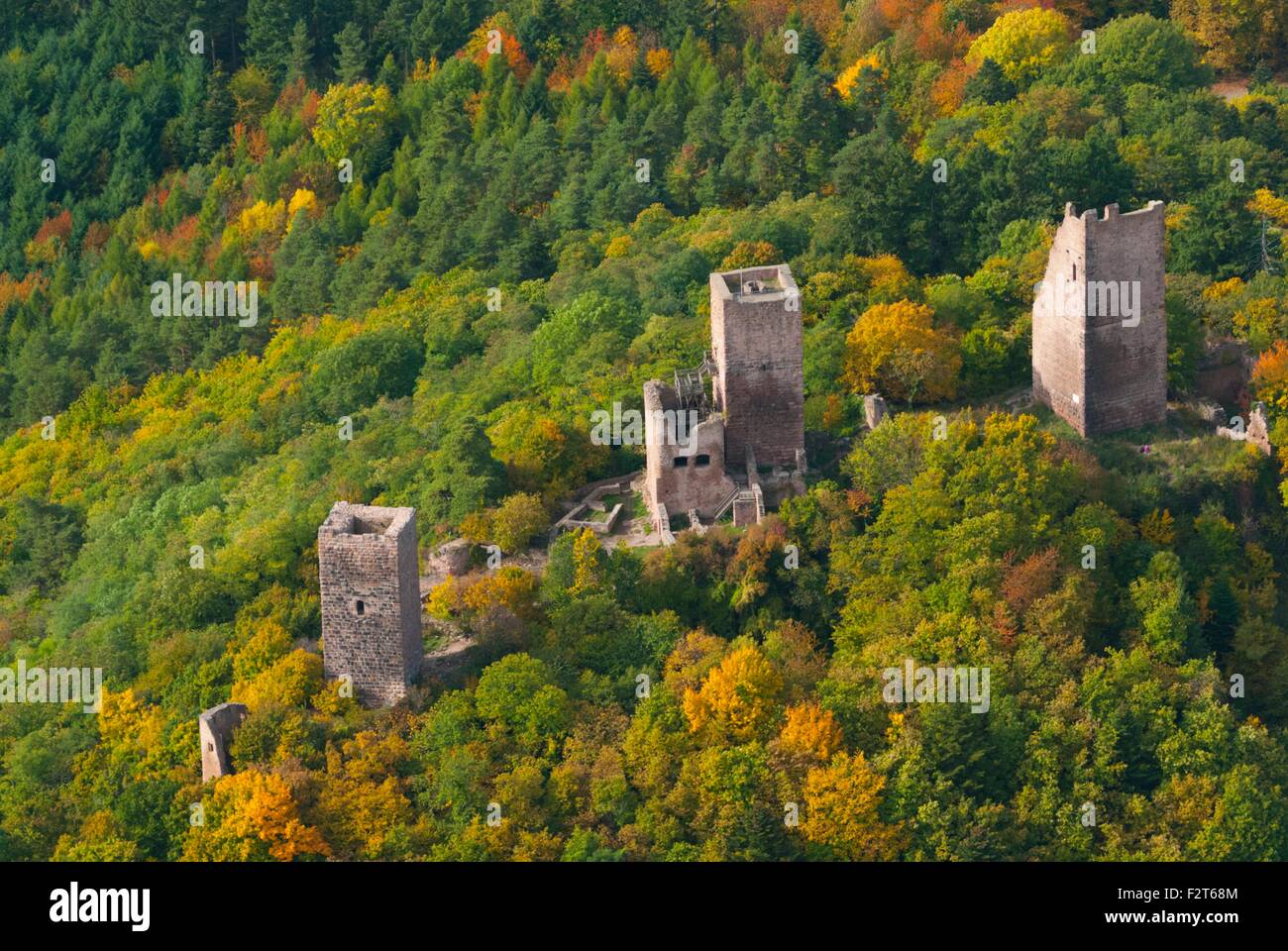 France, Haut Rhin (68), Eguisheim, Three castles of Eguisheim (aerial view) Stock Photo