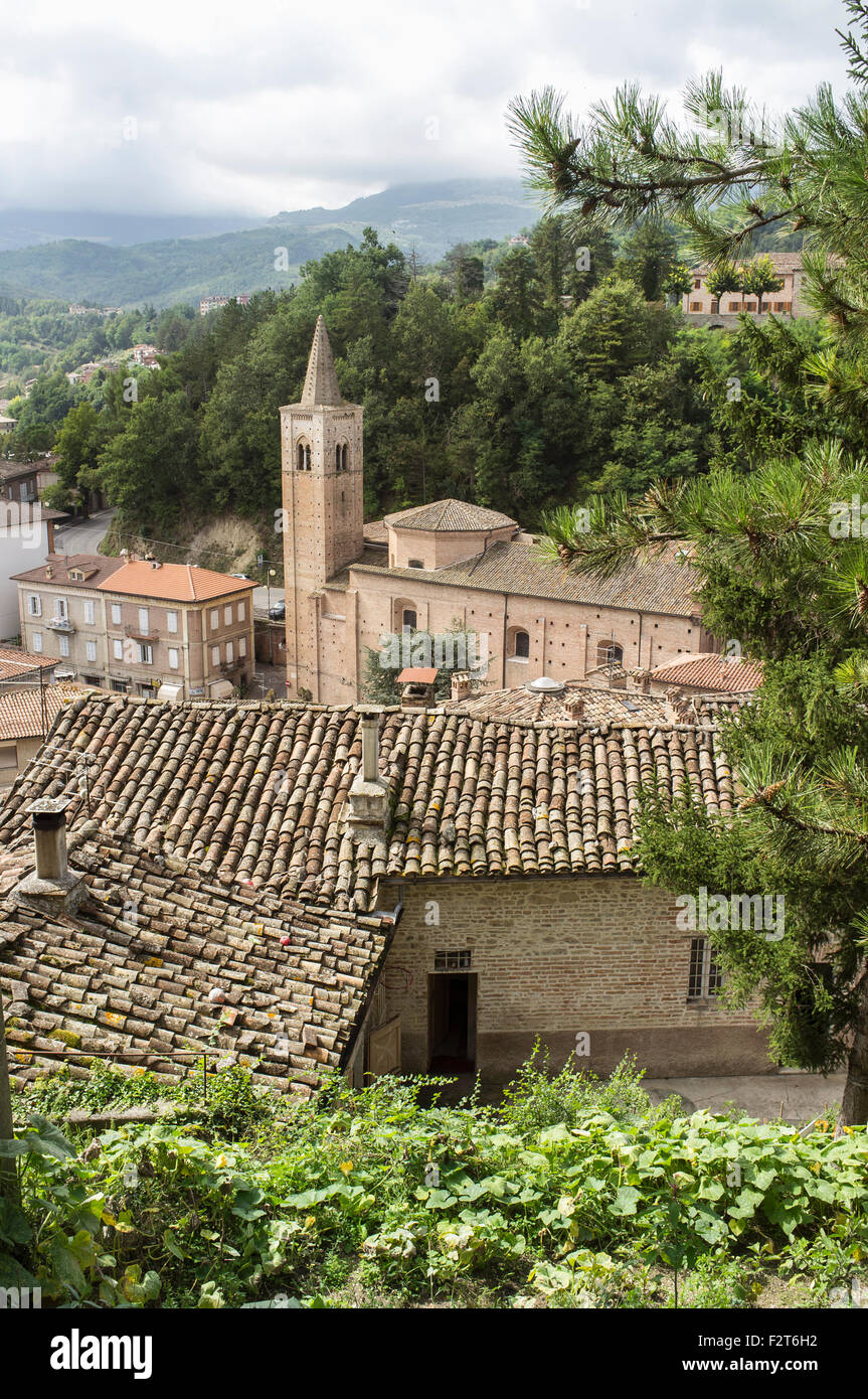 View of Church and Rooftops in Hilltop Town of Amandola Le Marche Italy Stock Photo