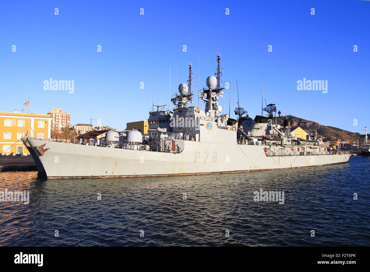 Spanish warship docked Stock Photo