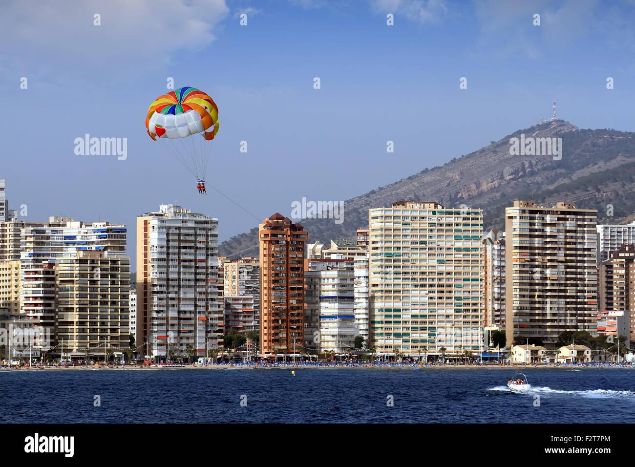 Parasailing in Benidorm city Stock Photo