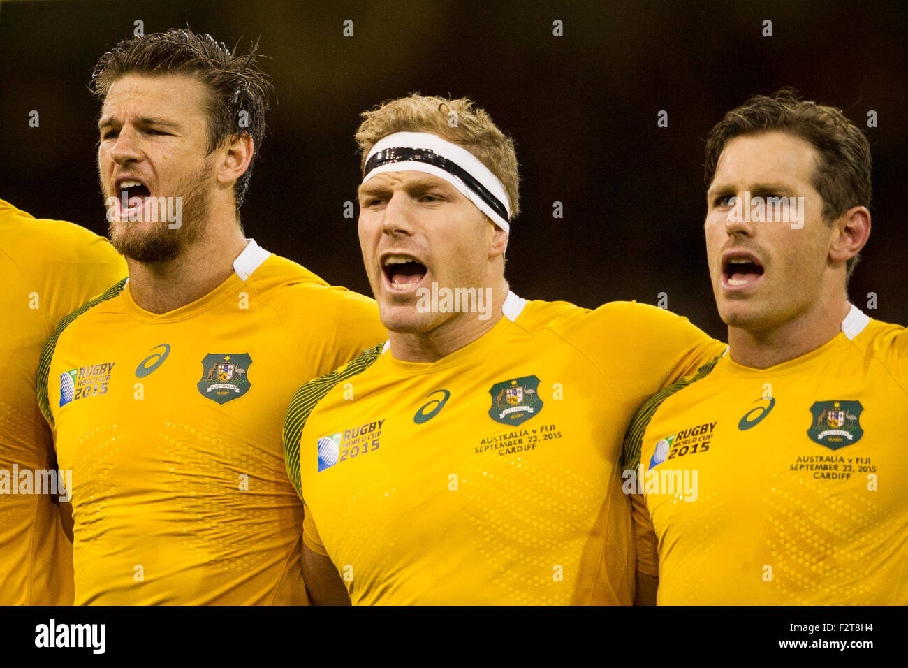 Cardiff, Wales. 23rd Sep, 2015. Rugby World Cup. Australia versus Fiji. Rob Horne of Australia (centre) during the pre-match national anthems. Credit:  Action Plus Sports/Alamy Live News Stock Photo