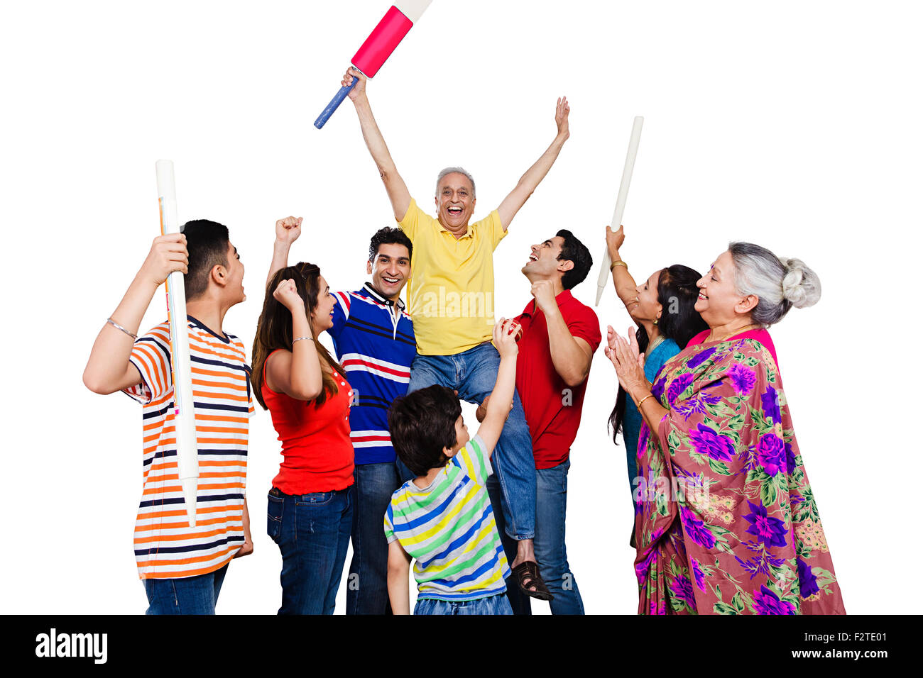 indian group Joint Family Playing Cricket enjoy Stock Photo