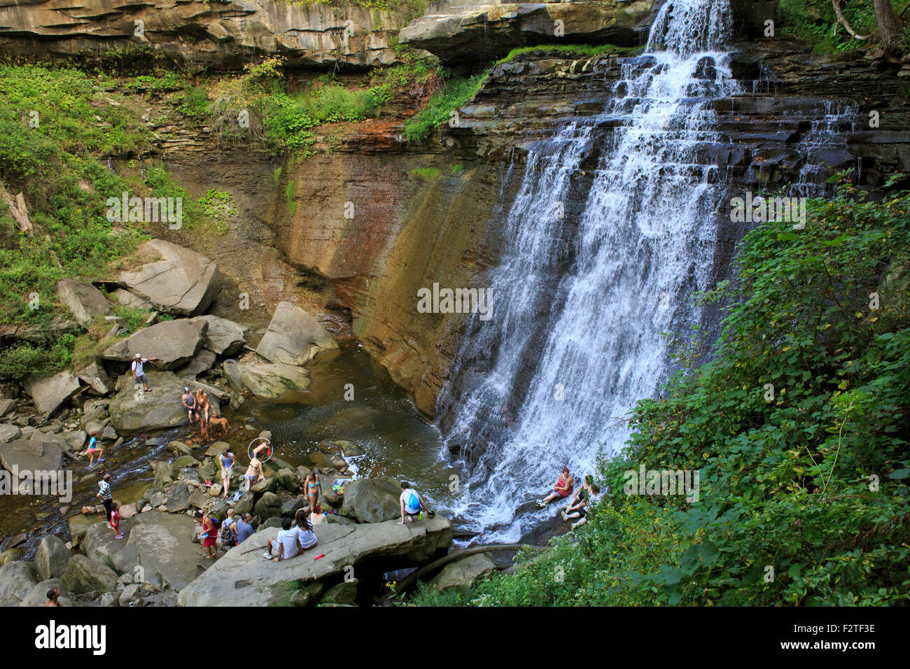 Brandywine Falls with tourists playing at the base of the falls ...