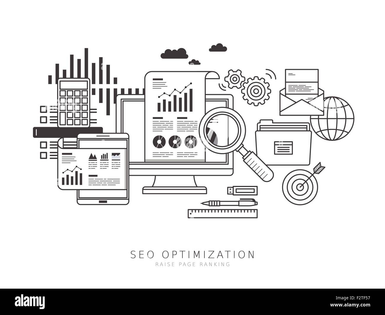 SEO optimization concept in thin line flat design style Stock Vector ...