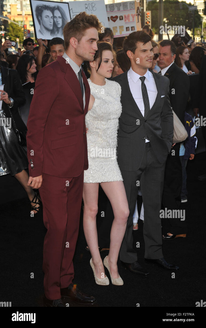 LOS ANGELES, CA - JUNE 24, 2010: Taylor Lautner (right), Kristen Stewart & Robert Pattinson at the premiere of their new movie 'The Twilight Saga: Eclipse' at the Nokia Theatre at L.A. Live. Stock Photo