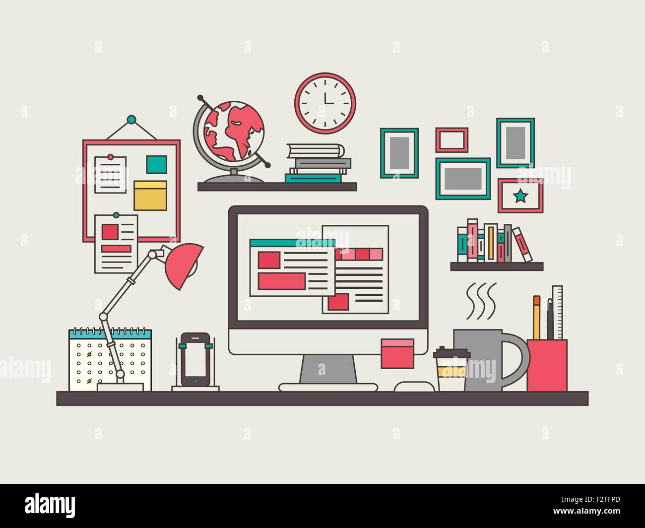 workplace concept in thin line flat design style Stock Vector Image ...