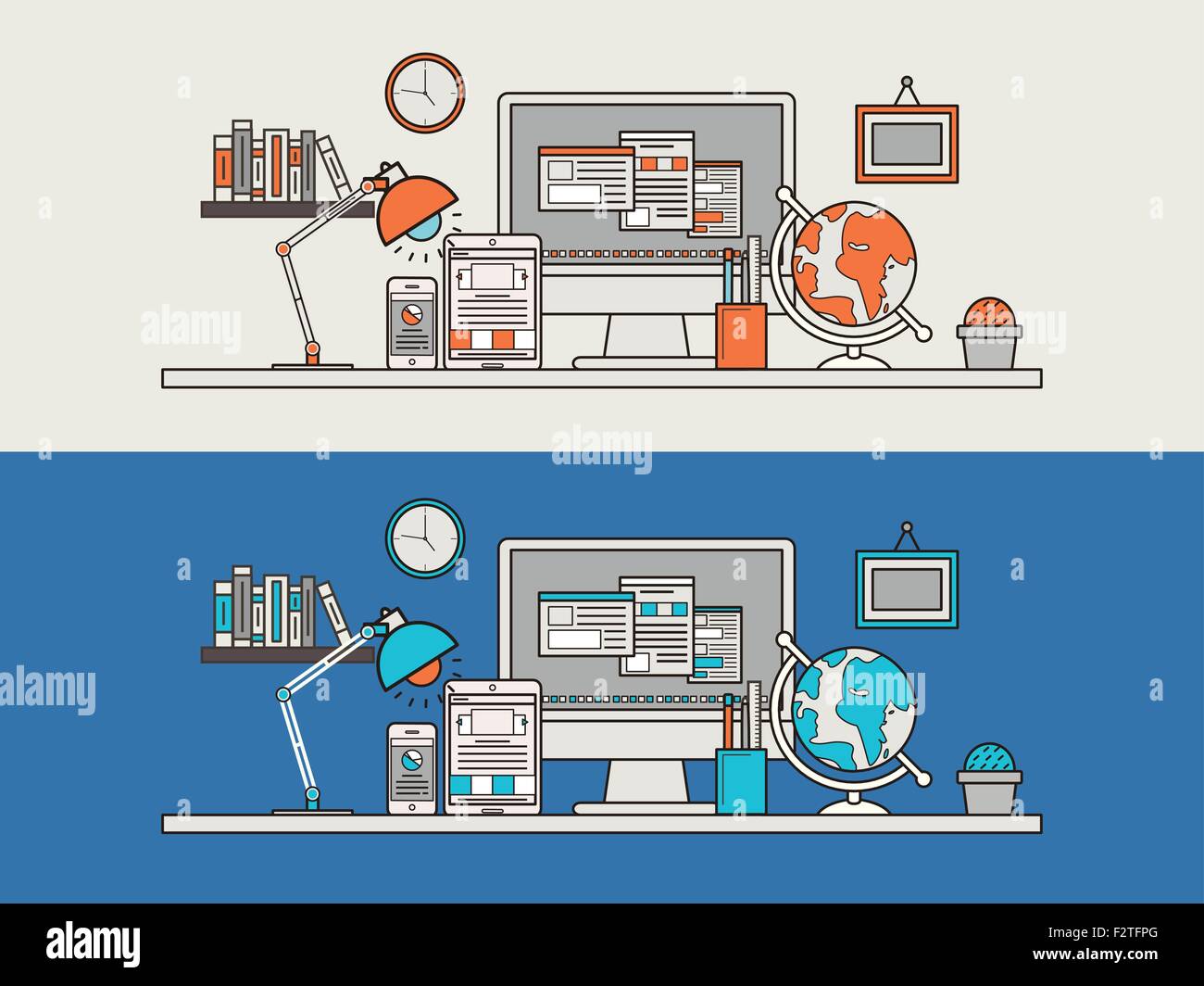 workplace concept in thin line flat design style Stock Vector Image ...