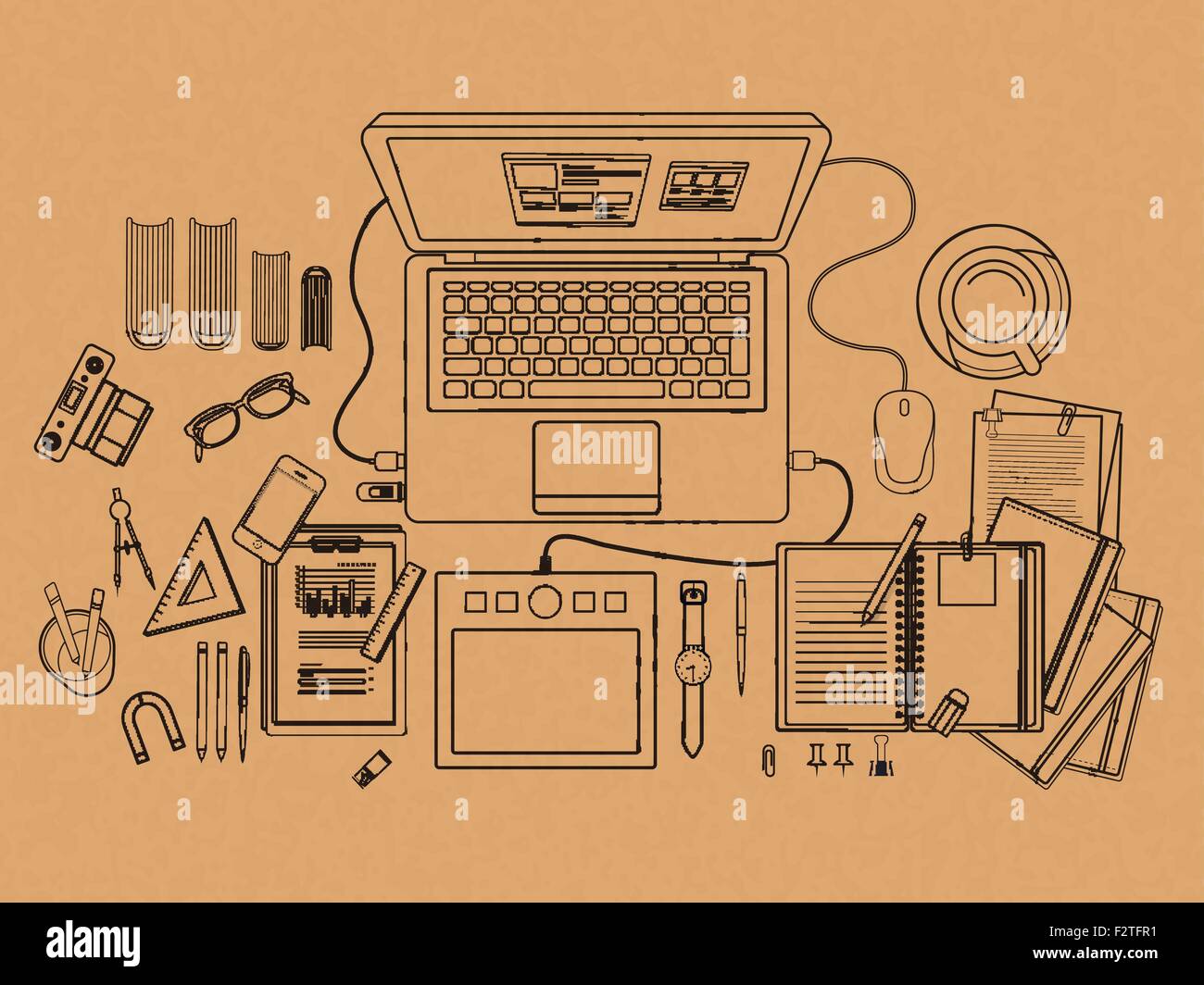 top view of working place in flat line design Stock Vector Image & Art ...