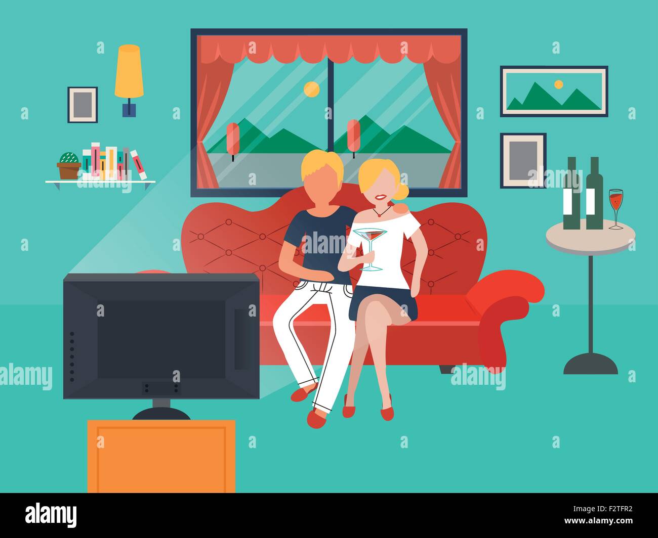 couple watching TV in the living room in flat design Stock Vector