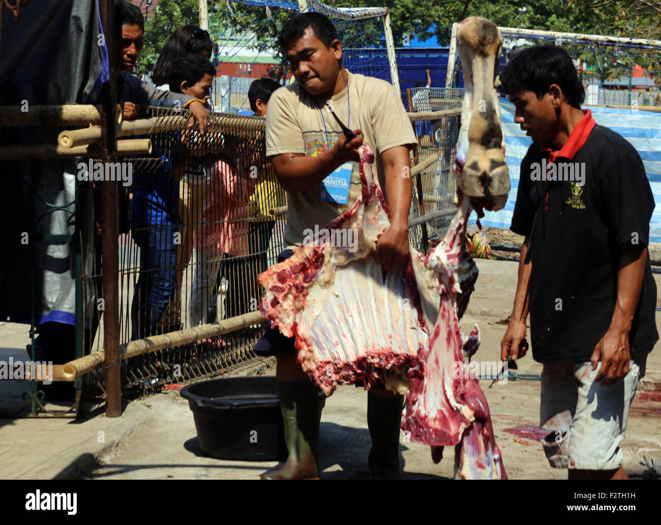 Jakarta, Indonesia. 24th September, 2015. Animal Sacrifice cuts made by cutting personnel supervised by animal health workers and pet owners who submit a goat or cow as a sacrifice which will then be distributed to those entitled to receive it Credit:  Denny Pohan/Alamy Live News Stock Photo