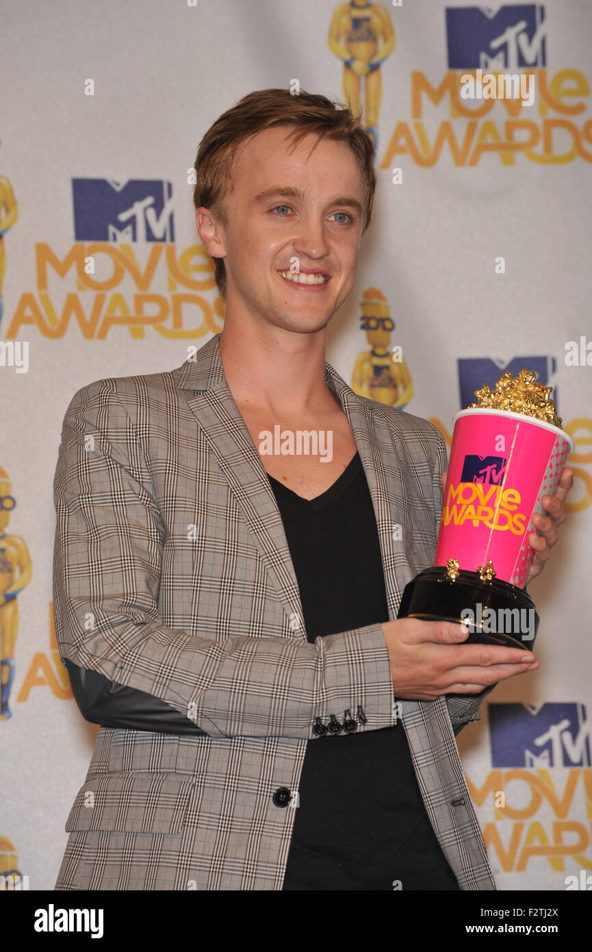 LOS ANGELES, CA - JUNE 6, 2010: Tom Felton, winner of the Best Villain award for his role in 'Harry Potter and the Half-Blood Prince,' at the 2010 MTV Movie Awards at the Gibson Amphitheatre, Universal Studios, Hollywood. Stock Photo