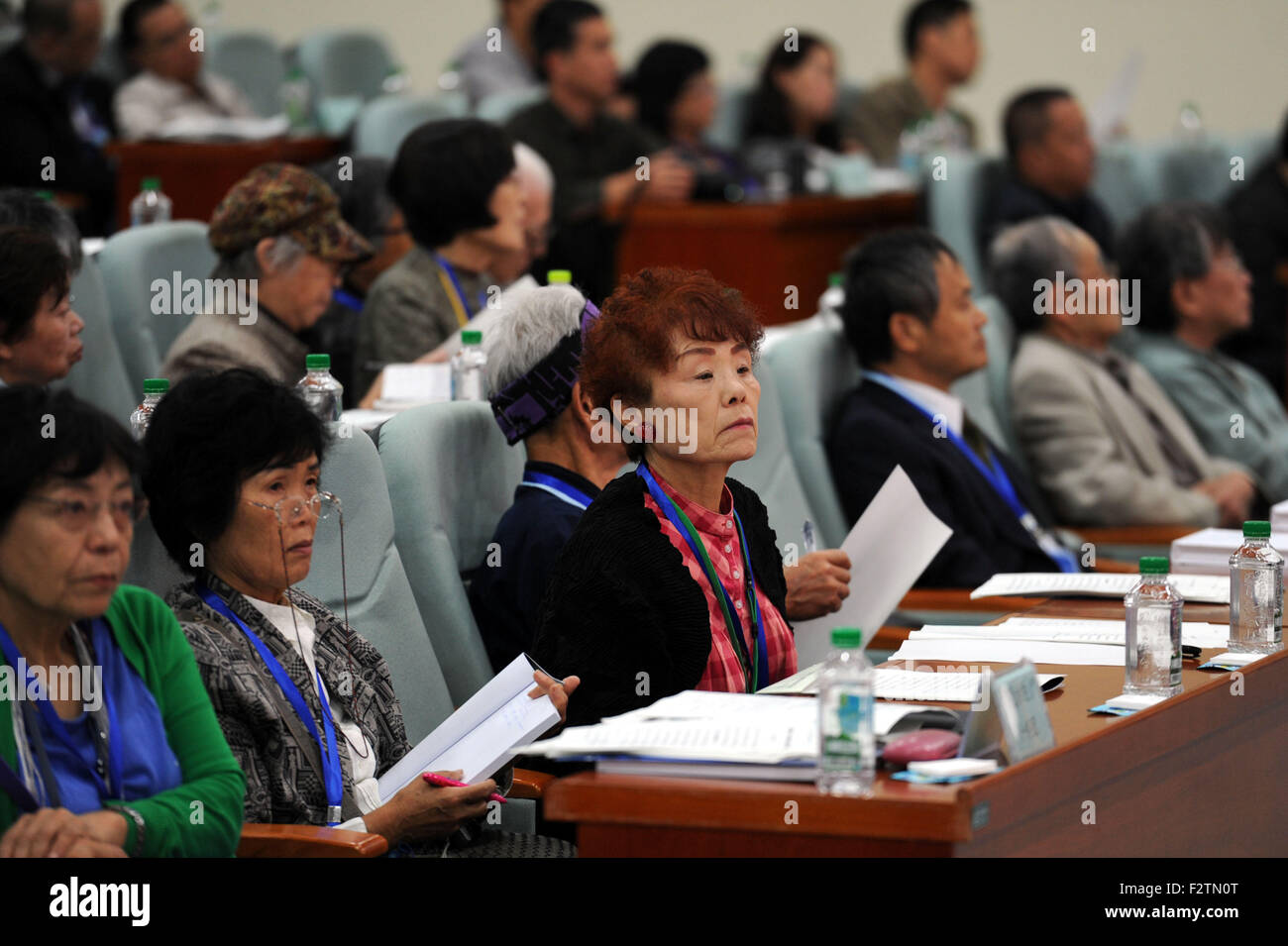 Harbin, China's Heilongjiang Province. 24th Sep, 2015. Delegates from Japan attend an international symposium on the war crime of Japanese Army Unit 731 in Harbin City, the seat of former headquarters of Unit 731, northeast China's Heilongjiang Province, Sept. 24, 2015. Unit 731 was a biological and chemical warfare research base established in 1935. At least 3,000 people died at the base between 1939 and 1945, mostly in experiments for the development of biological weapons. © Wang Song/Xinhua/Alamy Live News Stock Photo