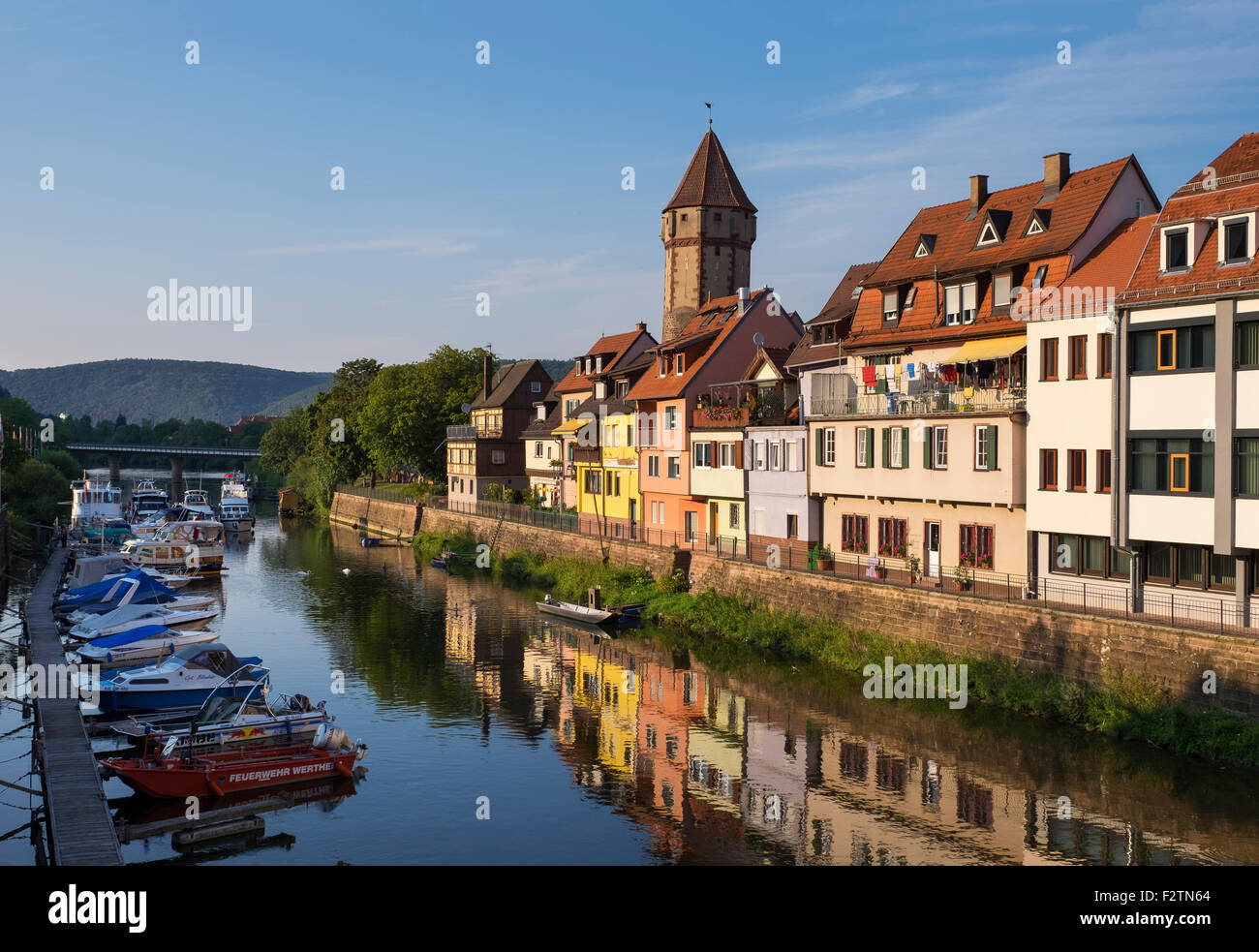 Tauber River and Spitzer Turm tower, Wertheim, Baden-Württemberg, Germany Stock Photo