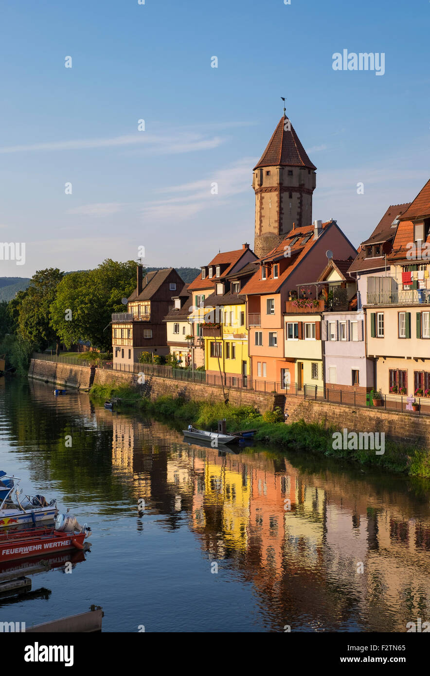 Tauber River and Spitzer Turm tower, Wertheim, Baden-Württemberg, Germany Stock Photo