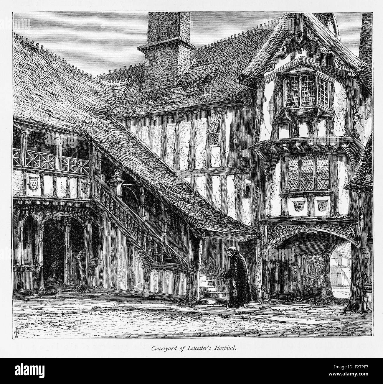 Courtyard of Leicester Hospital Illustration from 'The British isles - Cassell Petter & Galpin Part 6 Picturesque Europe. Picturesque Europe was an illustrated set of Magazines published by Cassell, Petter, Galpin & Co. of London, Paris and New York in 1877. The publications depicted tourist haunts in Europe, with text descriptions and steel and wood engravings by eminent artists of the time, such as Harry Fenn, William H J Boot, Thomas C. L. Rowbotham, Henry T. Green , Myles B. Foster, John Mogford , David H. McKewan, William L. Leitch, Edmund M. Wimperis and Joseph B. Smith. Stock Photo