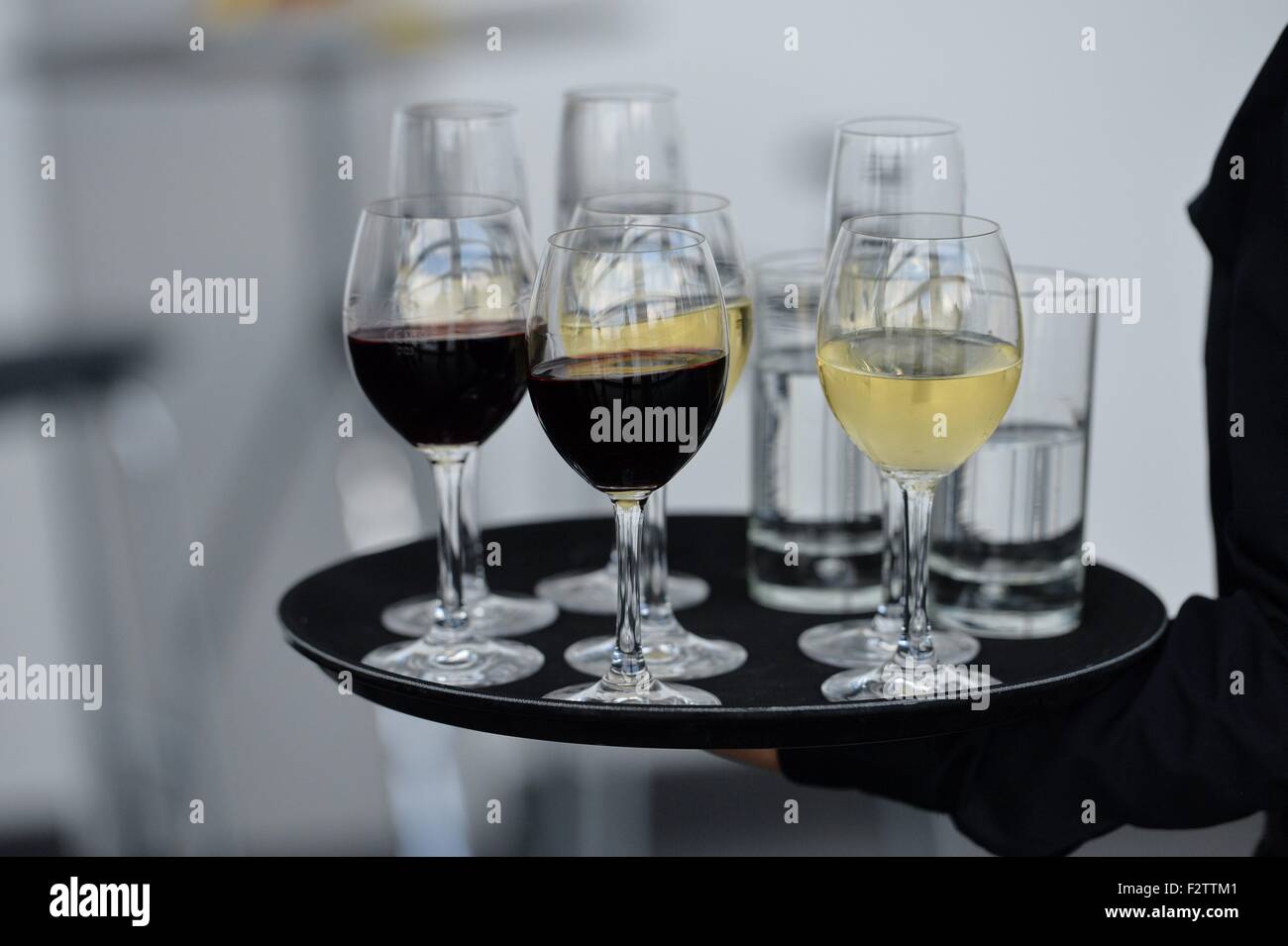 Glasses with drinks during a conference, Germany, city of Hannover, 21. September 2015. Photo: Frank May Stock Photo