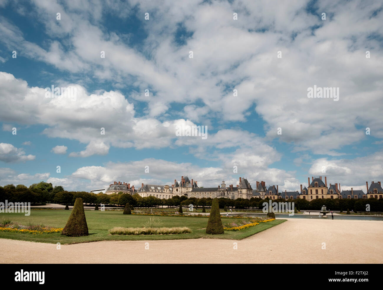 Ornamental garden of Le Grand Parterre - the gardens of Chateau de Fontainebleau Palace Stock Photo