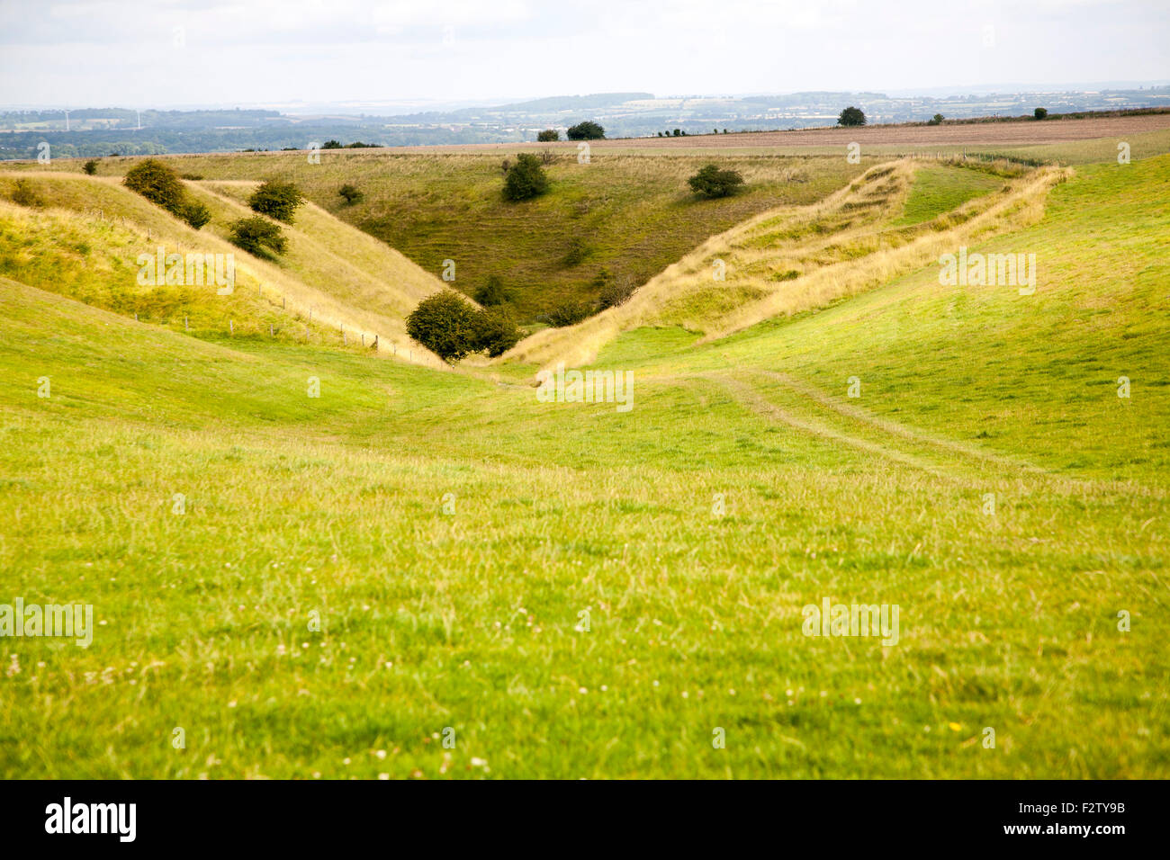 V shaped chalk dry valley eroded into downland escarpment at Bishopstone, Wiltshire, England, UK Stock Photo