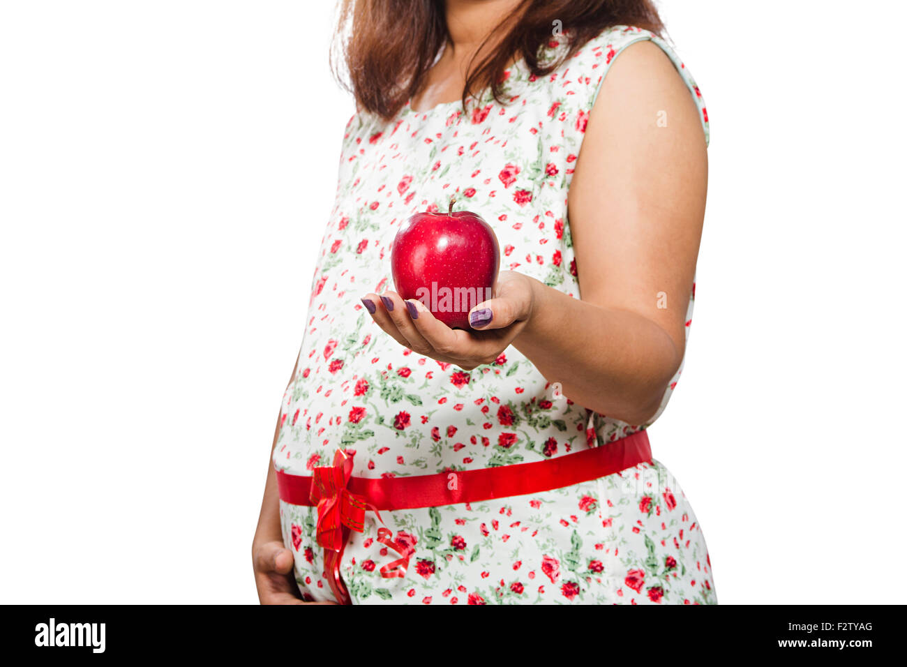 1 Adult Woman Pregnant Self-Care Eating Apple Stock Photo