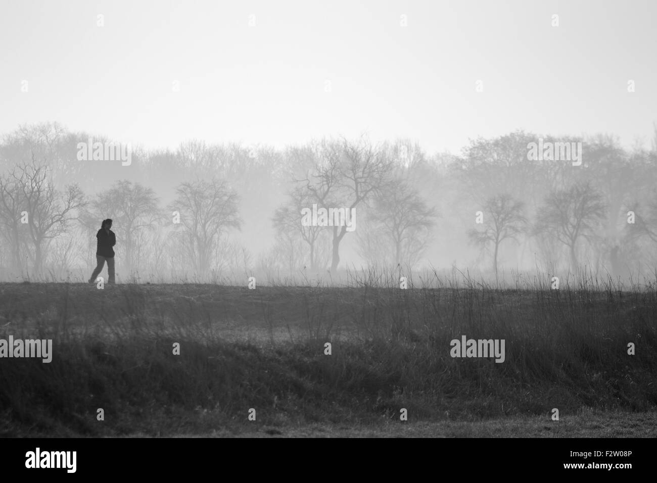 26.03.2015, Berlin, Berlin, Germany - A woman running over fields in Fruehdunst. 0GB150325D104CAROEX.JPG - NOT for SALE in G E Stock Photo