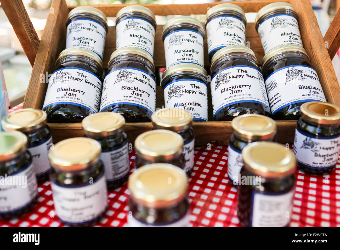 Locally grown and made jams on display at the Farmers Market along Main Street in downtown Greenville, South Carolina. Stock Photo