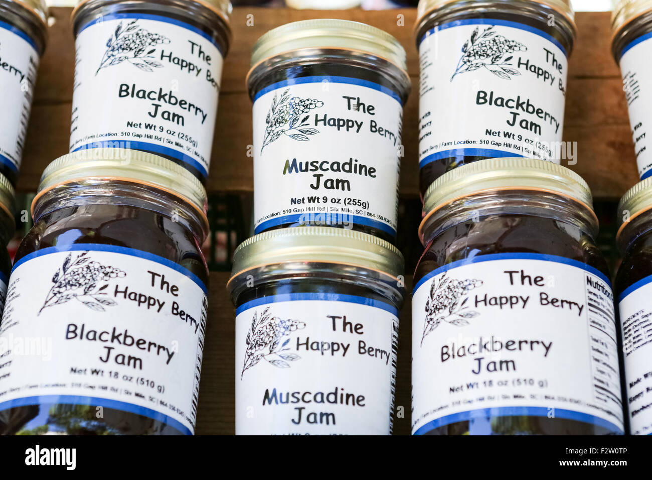 Locally grown and made jams on display at the Farmers Market along Main Street in downtown