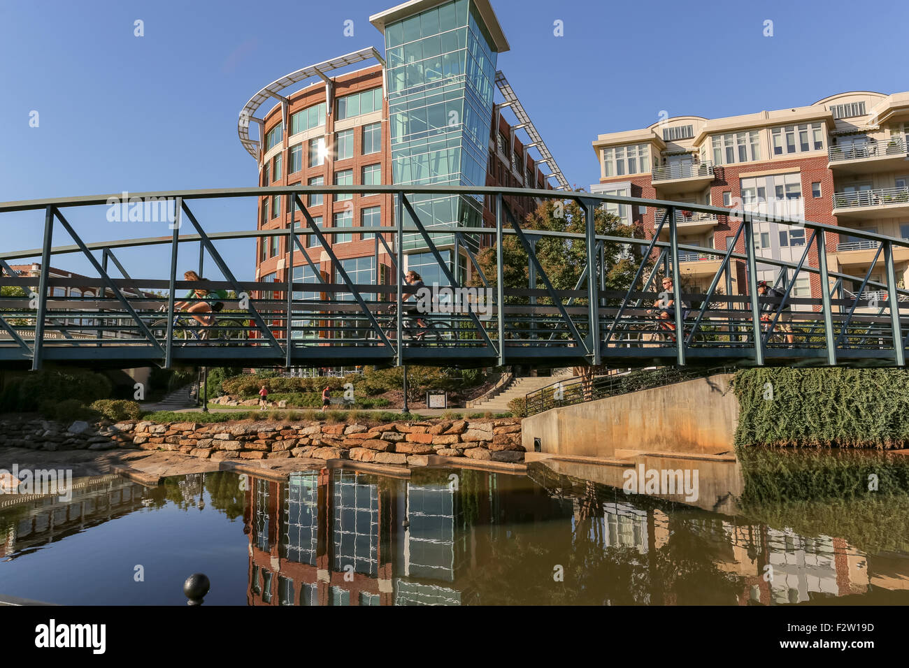 River Place bridge Paradigm Pathway at Art Crossing over the Reedy River in downtown Greenville, South Carolina. Stock Photo