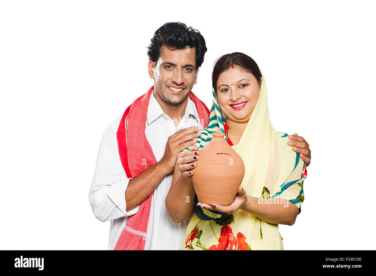 2 Indian Rural Farmer Married Couple Piggy Bank Saving Money Stock