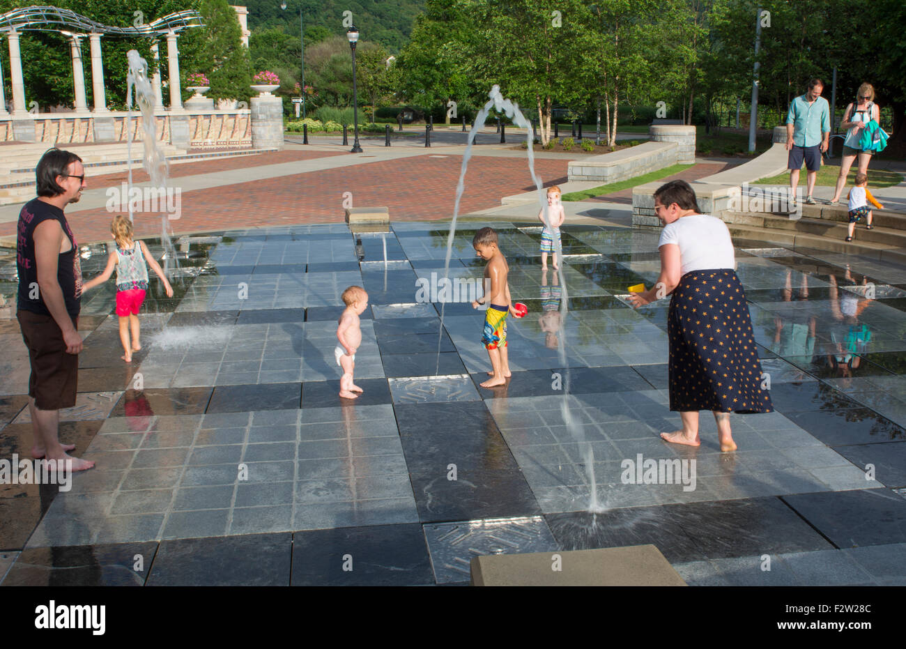 Asheville North Carolina Pack Square with children playing in fountains