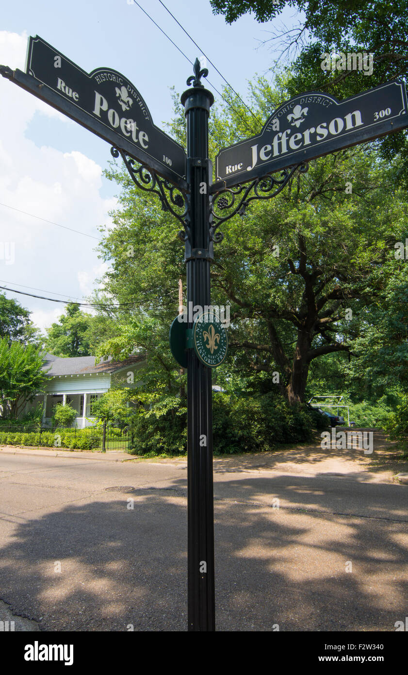 Natchitoches Louisiana famous streets Rue Poete and Rue Jefferson sign