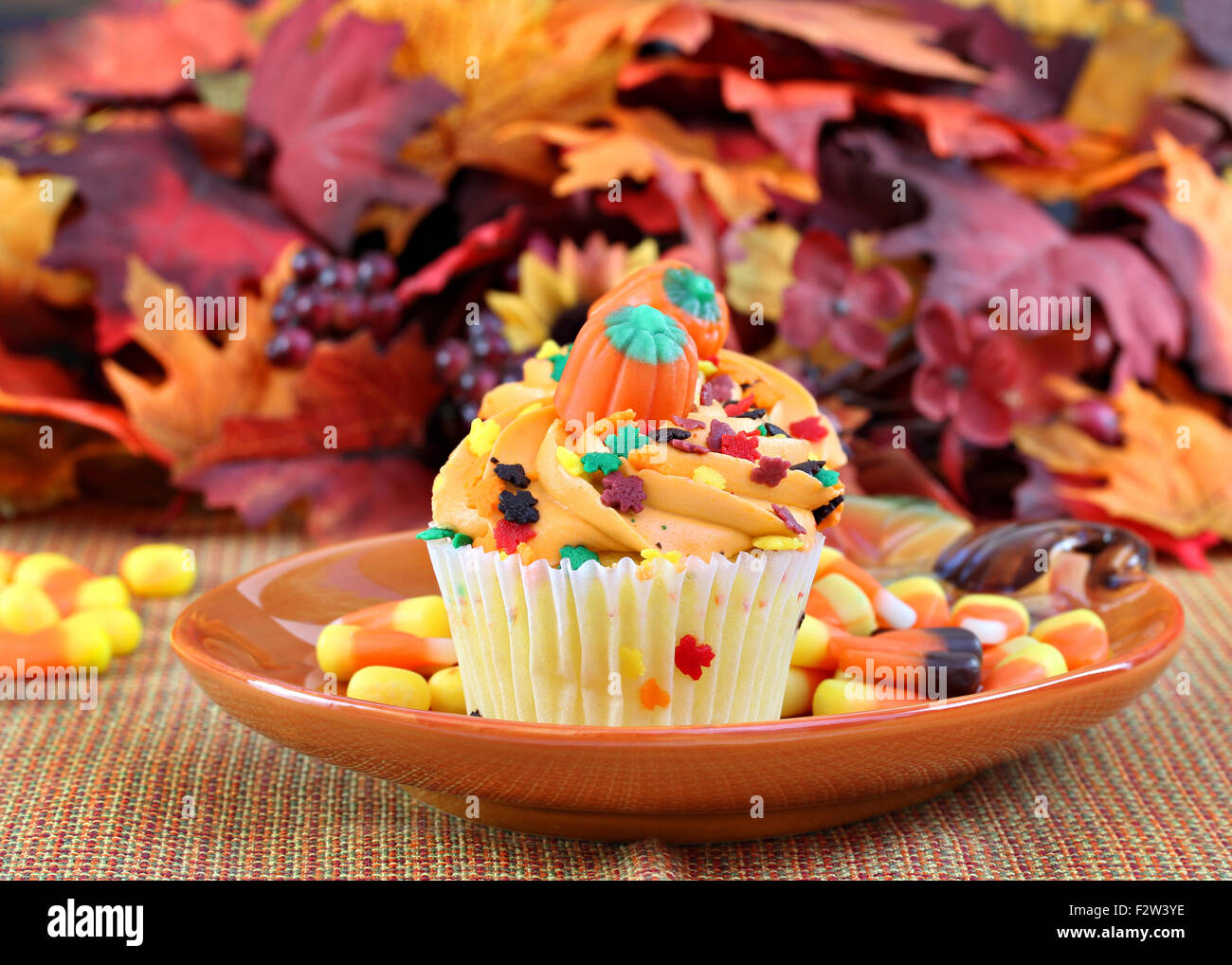 Cupcakes Decorated For Fall Or Halloween On A Pumpkin Plate