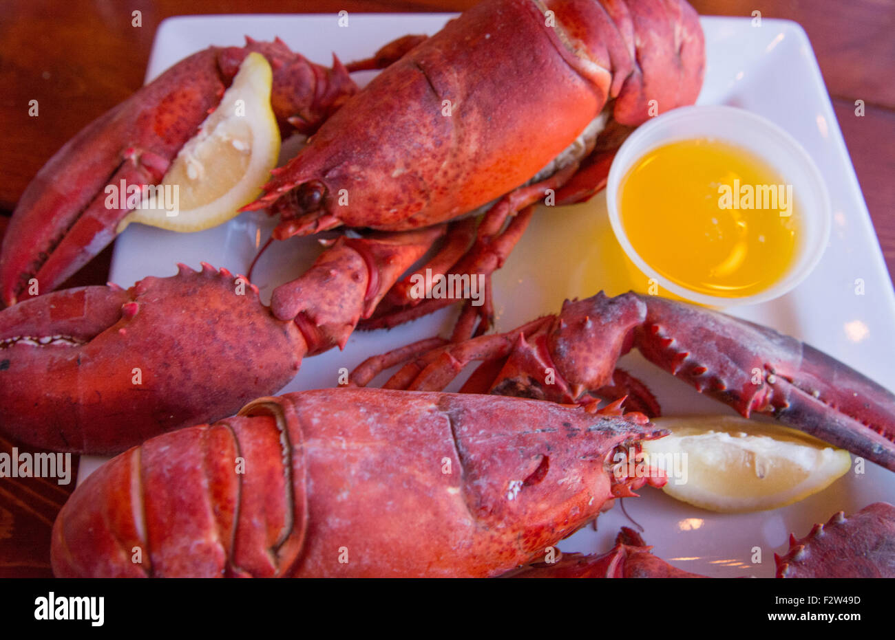 Portland Maine lobster dinner at famous Gilbert's Chowder House restaurant specialty Stock Photo