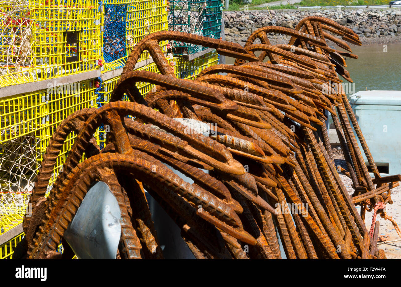 Canada St Martins New Brunswick close up of boat anchors in small fishing village for trapping lobsters and fishing Stock Photo