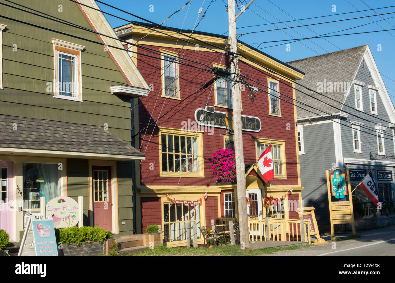 Canada Mahone Bay Nova Scotia small village with shops and traffic on